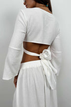 Lace-Up Slit White Skirt Set
