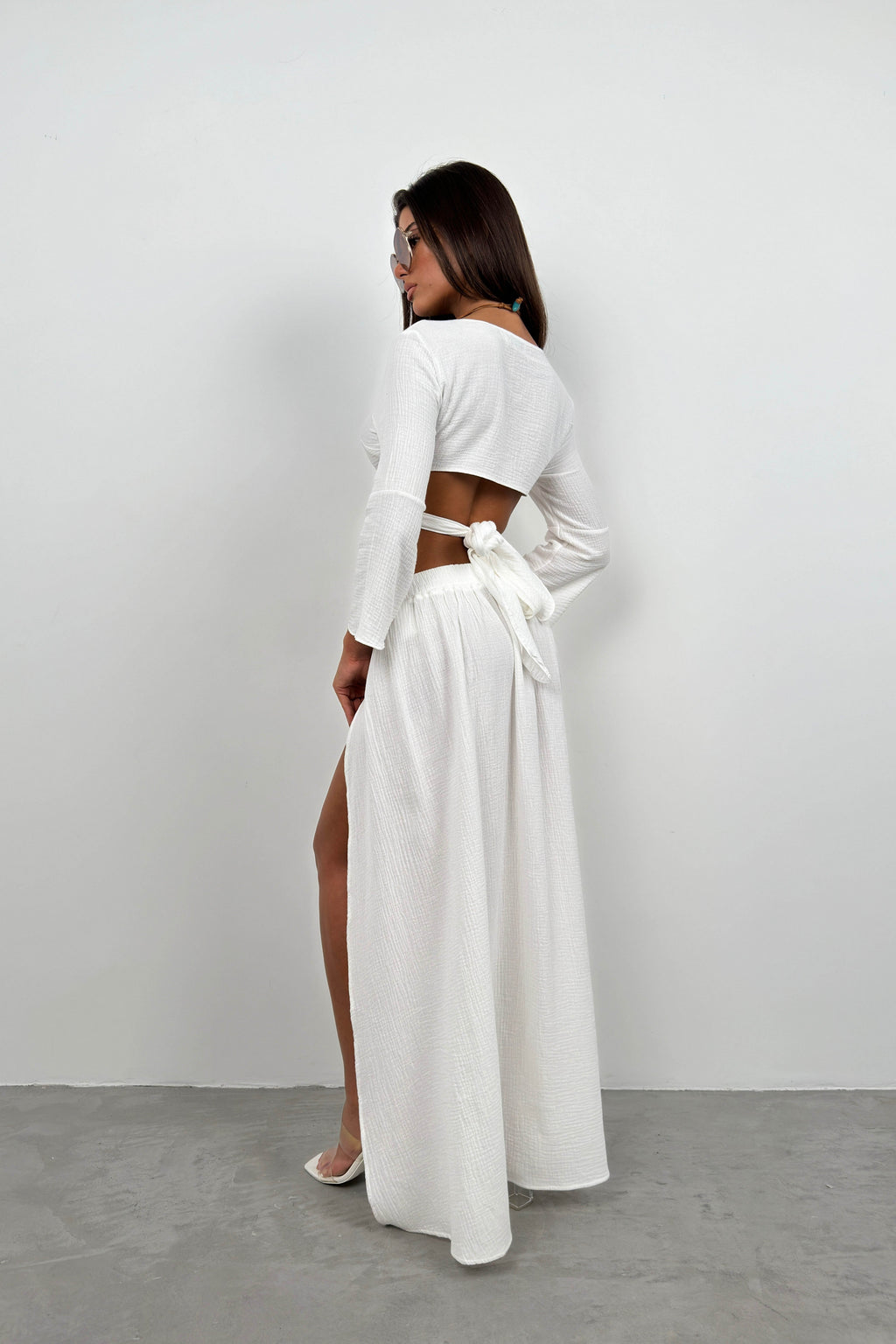 Lace-Up Slit White Skirt Set