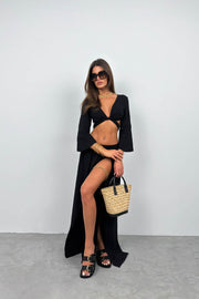 Lace-Up Slit Black Skirt Set