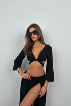 Lace-Up Slit Black Skirt Set
