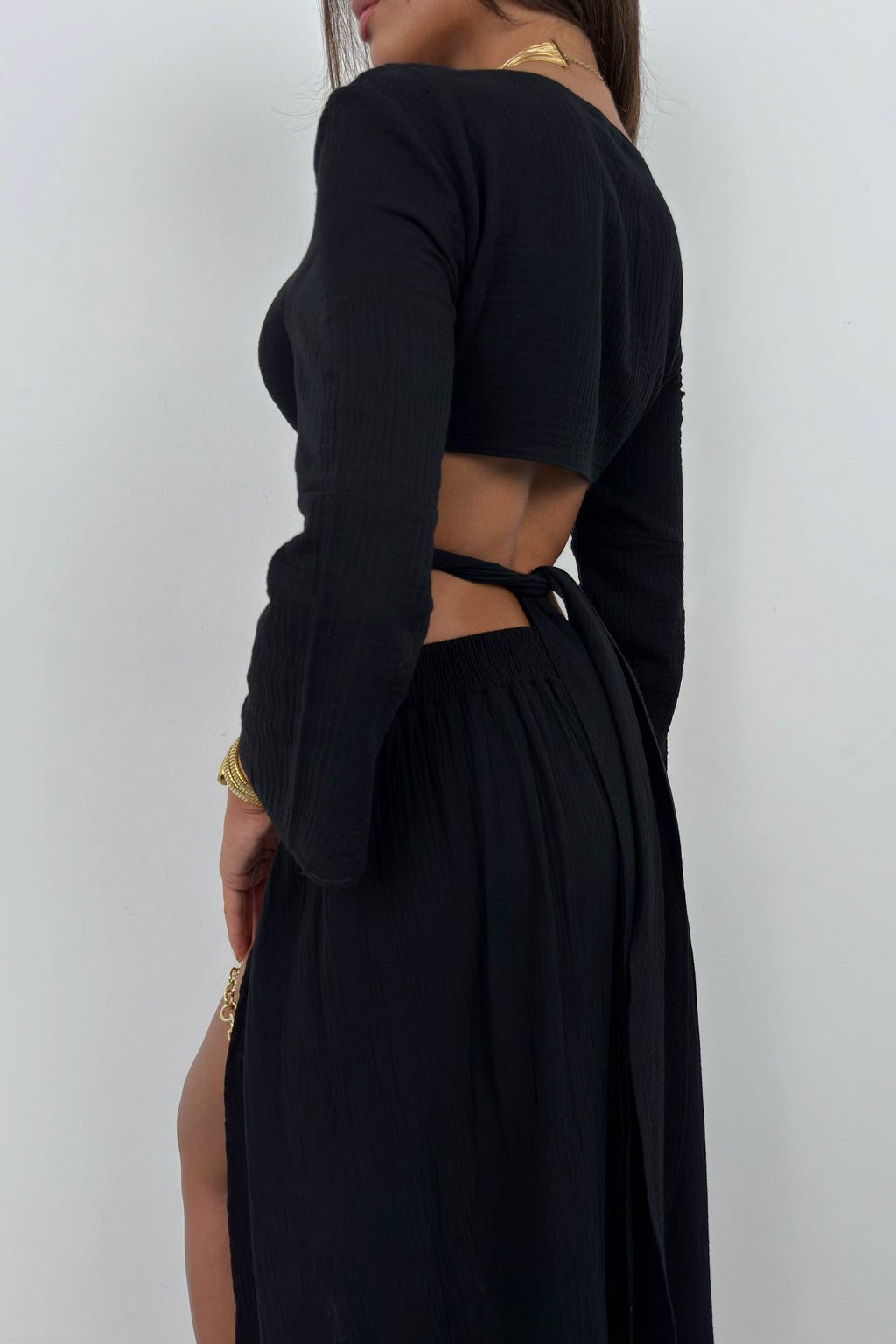 Lace-Up Slit Black Skirt Set
