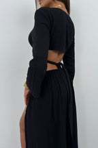 Lace-Up Slit Black Skirt Set