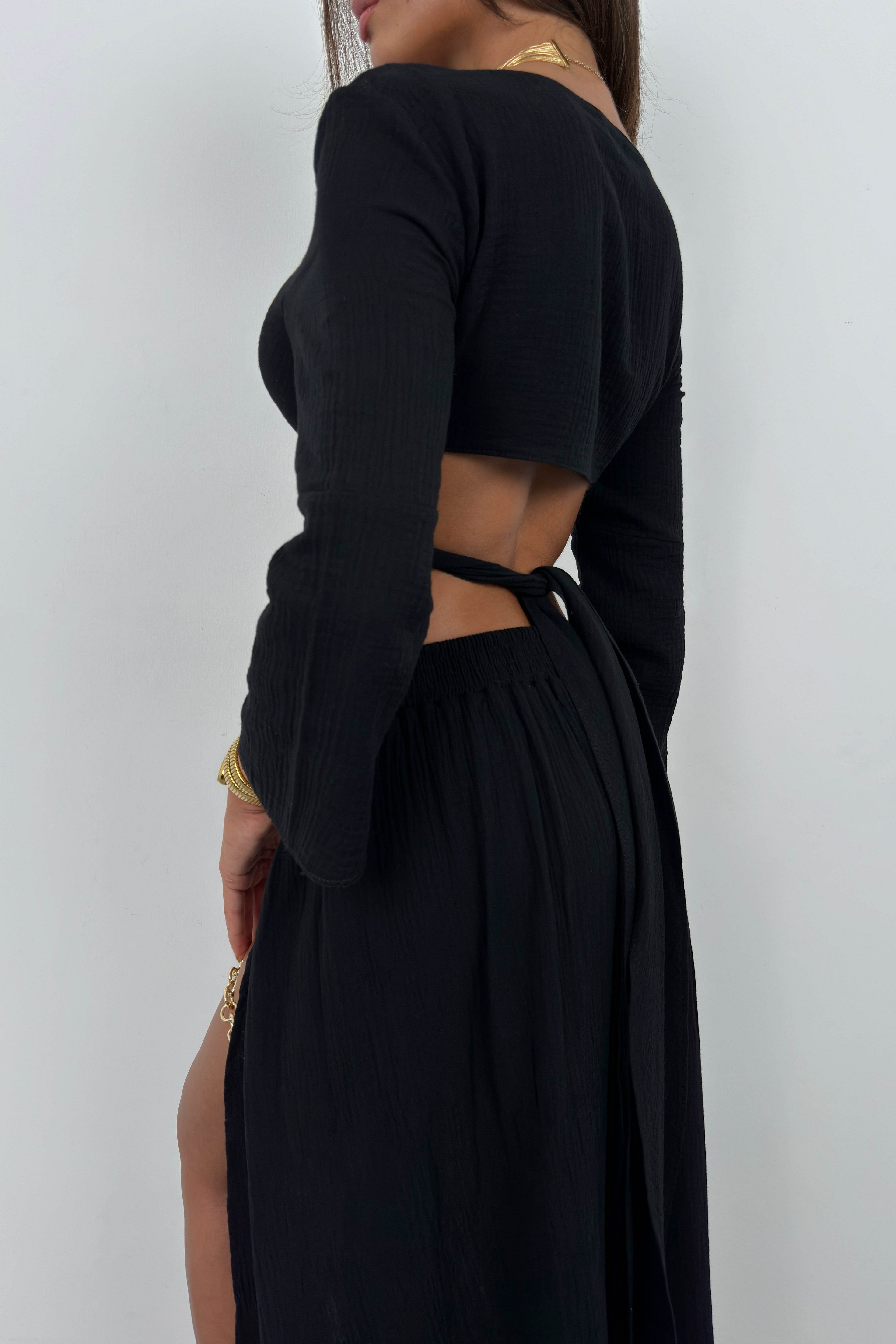 Lace-Up Slit Black Skirt Set