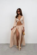 Lace-Up Slit Beige Skirt Set