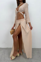 Lace-Up Slit Beige Skirt Set
