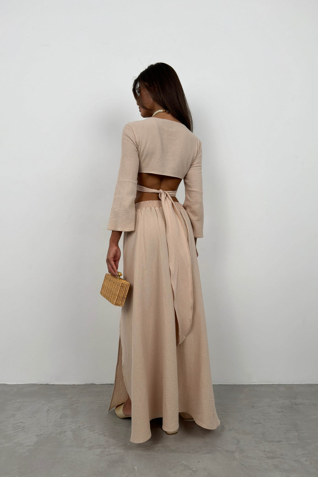 Lace-Up Slit Beige Skirt Set