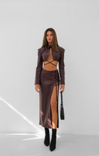Tie Detail Burgundy Crop Leather Jacket