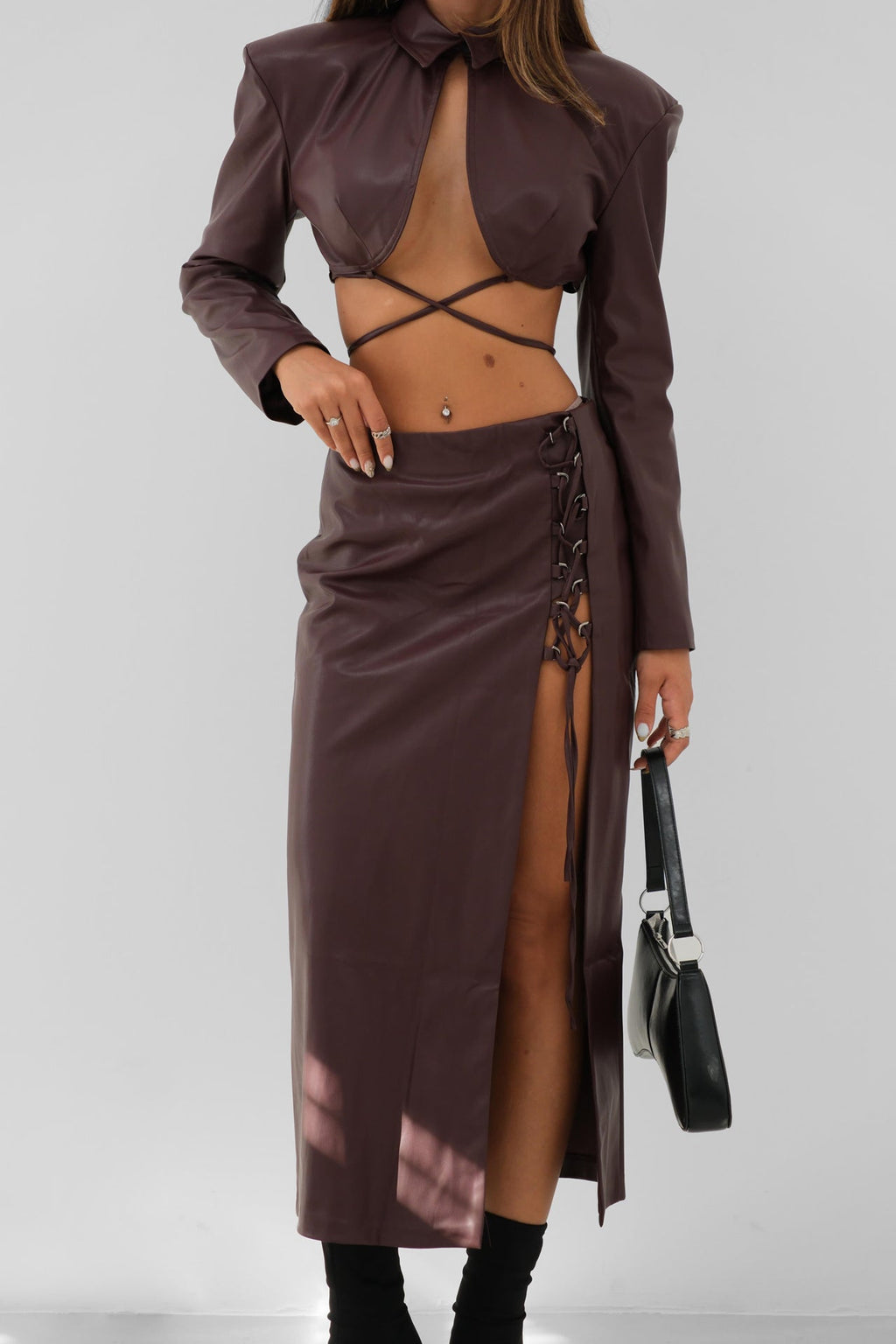 Tie Detail Burgundy Crop Leather Jacket