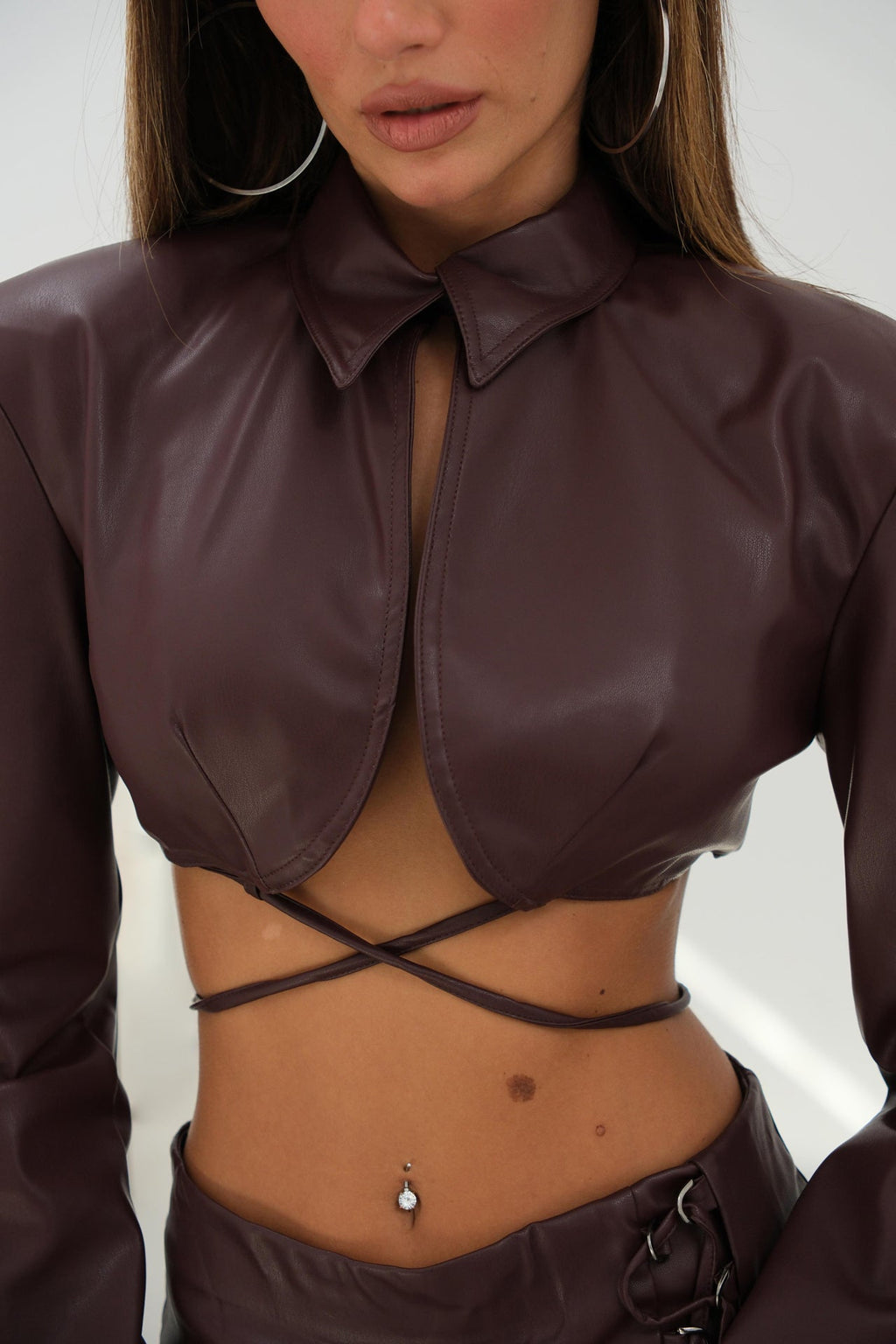 Tie Detail Burgundy Crop Leather Jacket