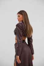 Tie Detail Burgundy Crop Leather Jacket