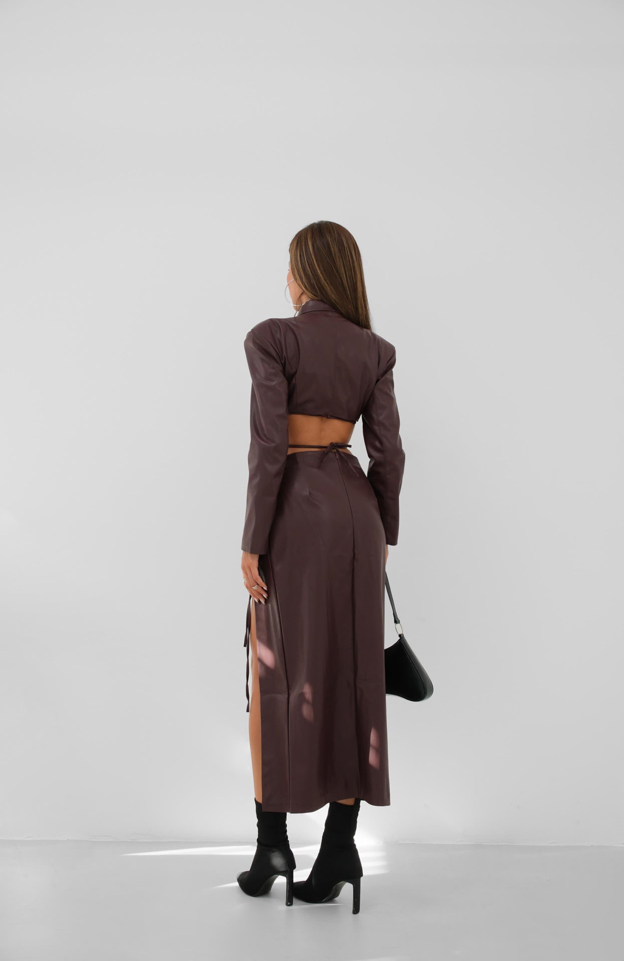 Tie Detail Burgundy Crop Leather Jacket