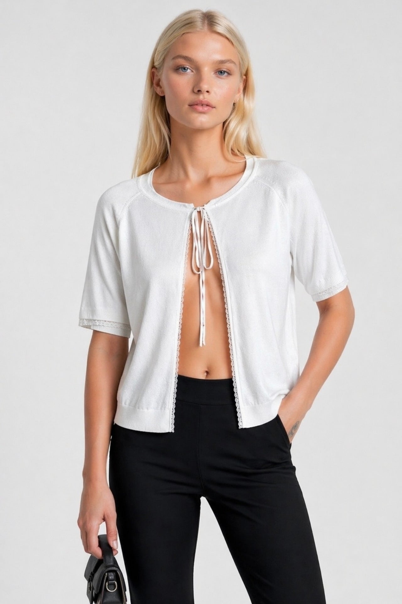 Tie Detail Lace White Knit Blouse