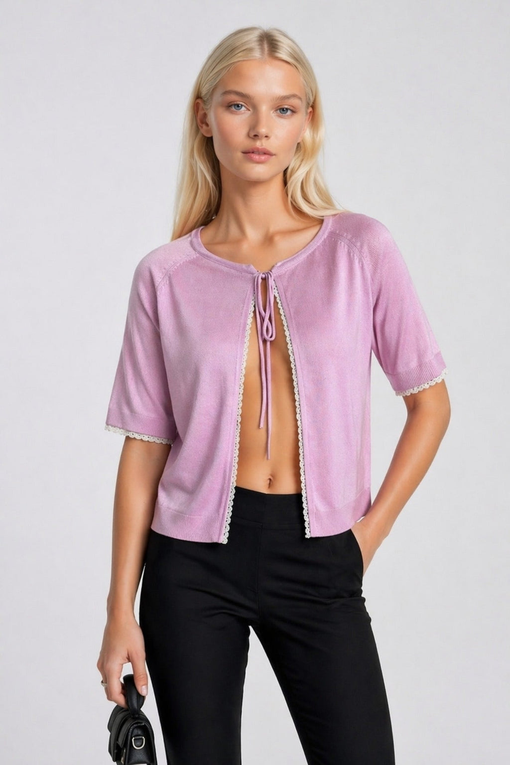 Tie Detail Lace Pink Knit Blouse