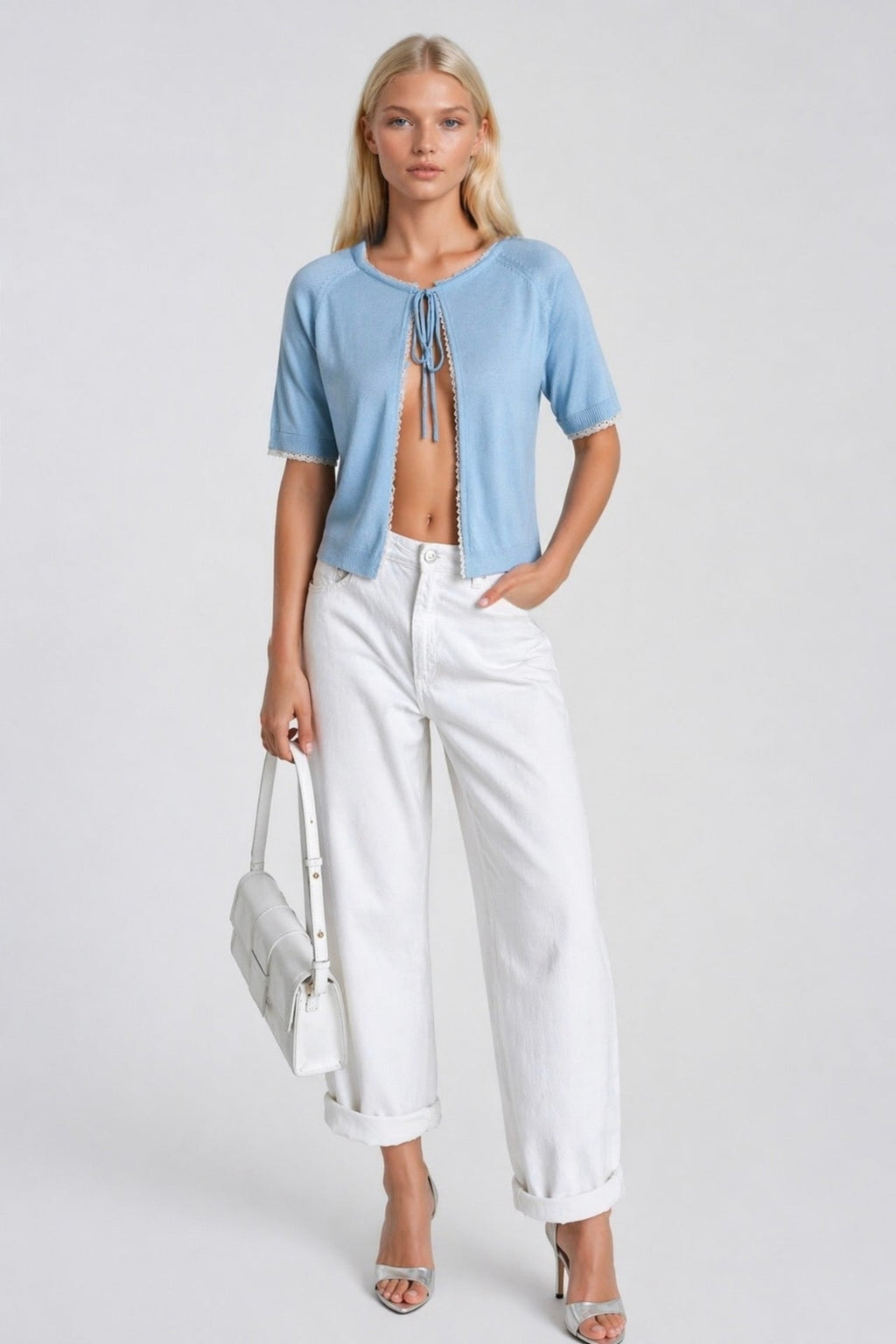 Tie Detail Lace Blue Knit Blouse
