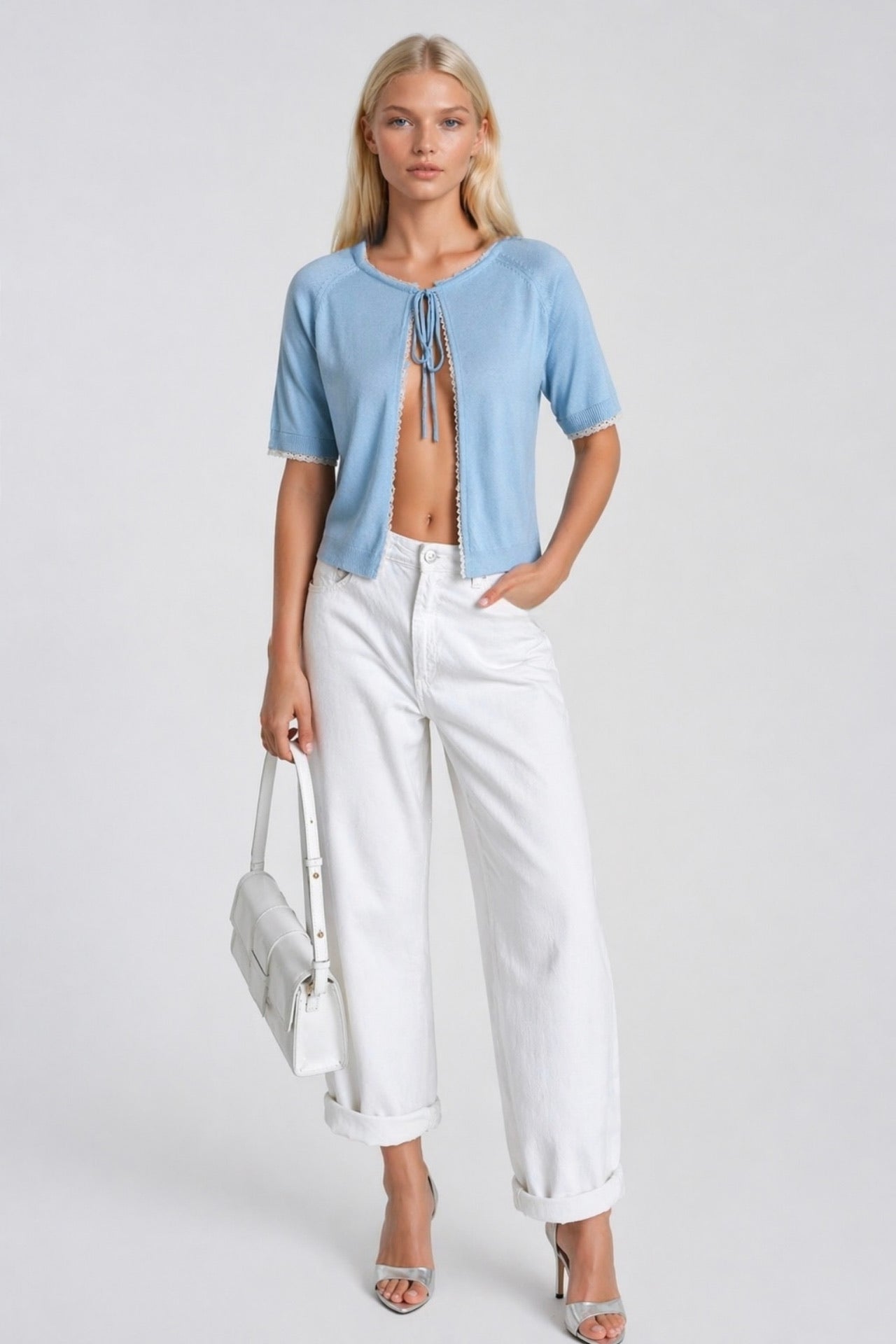 Tie Detail Lace Blue Knit Blouse
