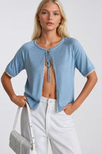 Tie Detail Lace Blue Knit Blouse