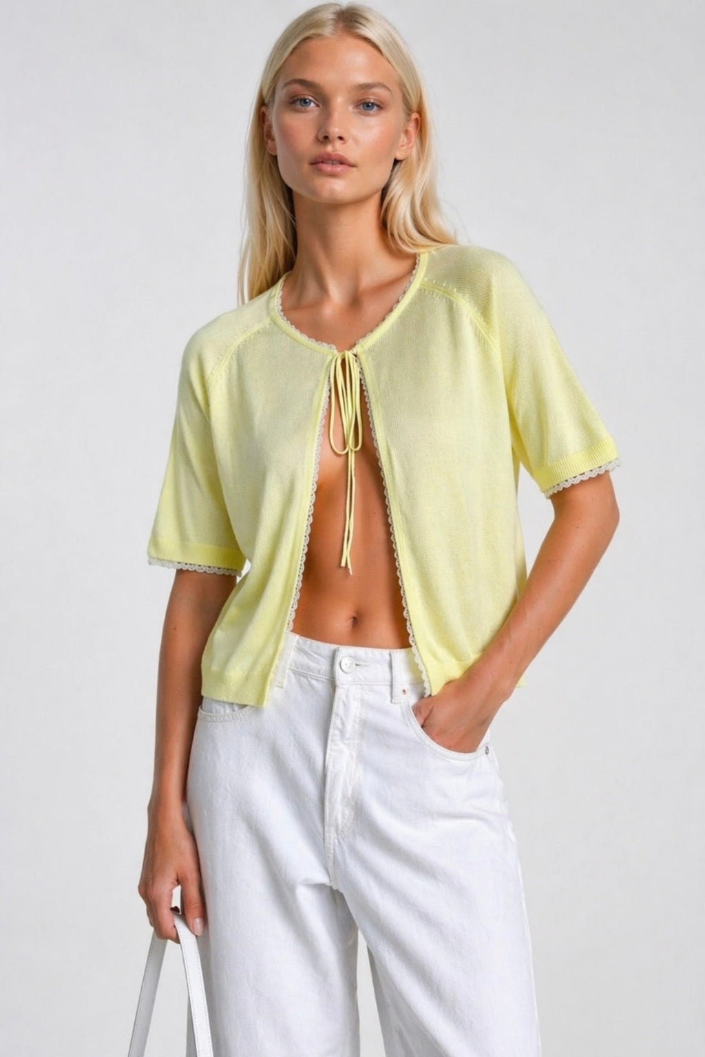 Tie Detail Lace Yellow Knit Blouse