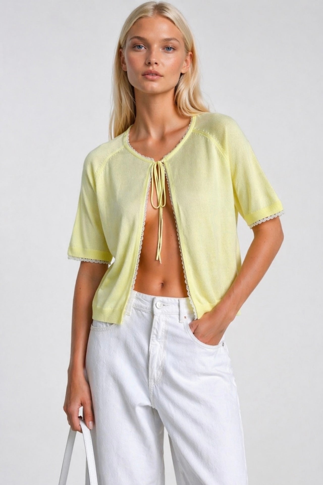 Tie Detail Lace Yellow Knit Blouse