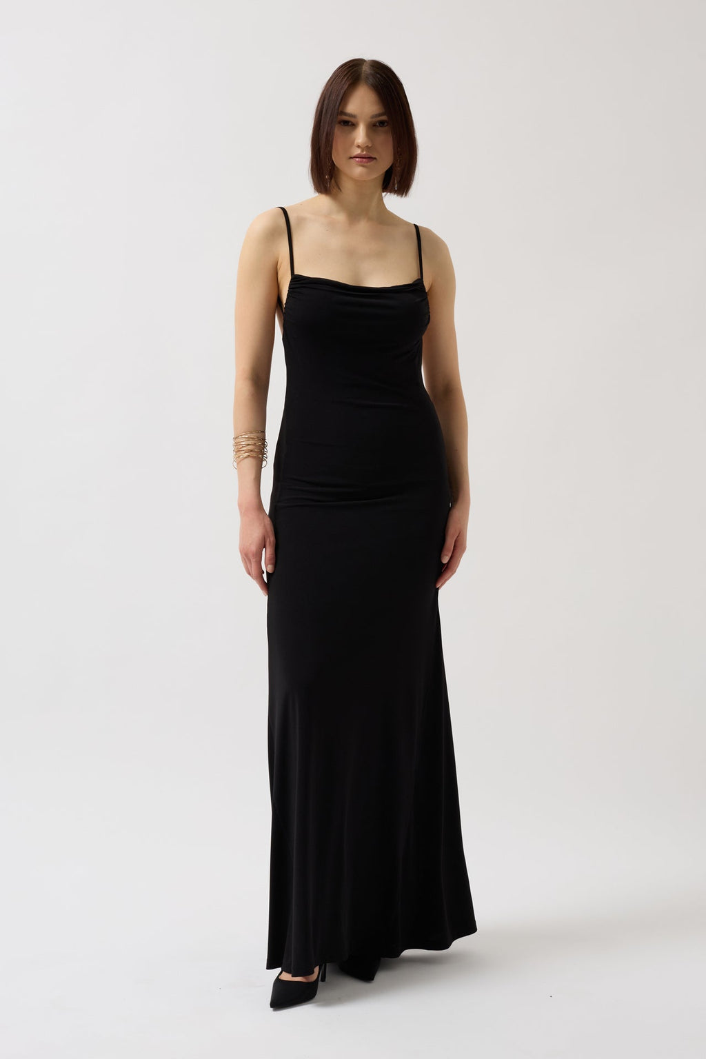 Tie Detail Cowl Neck Maxi Black Dress