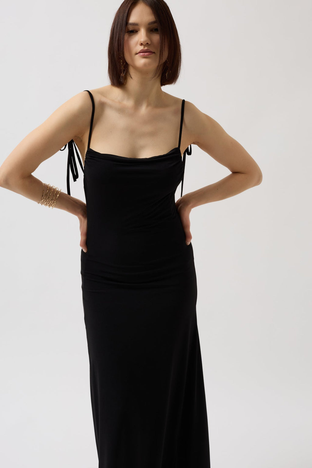 Tie Detail Cowl Neck Maxi Black Dress