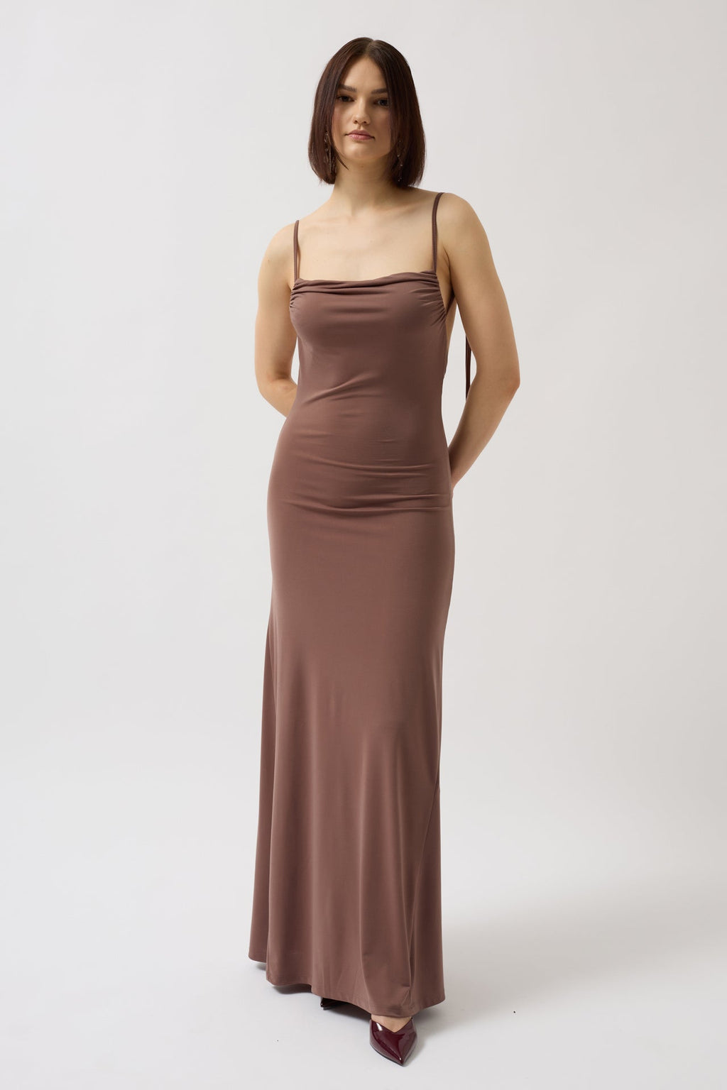 Tie Detail Cowl Neck Maxi Mink Dress