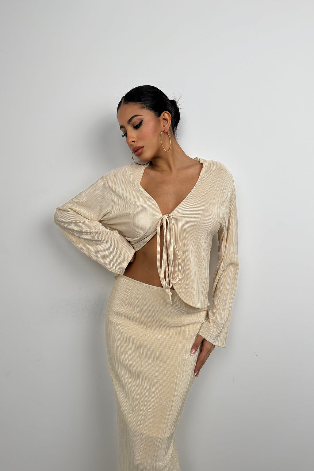 Tie Detail Textured Beige Blouse