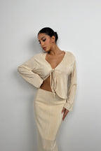 Tie Detail Textured Beige Blouse