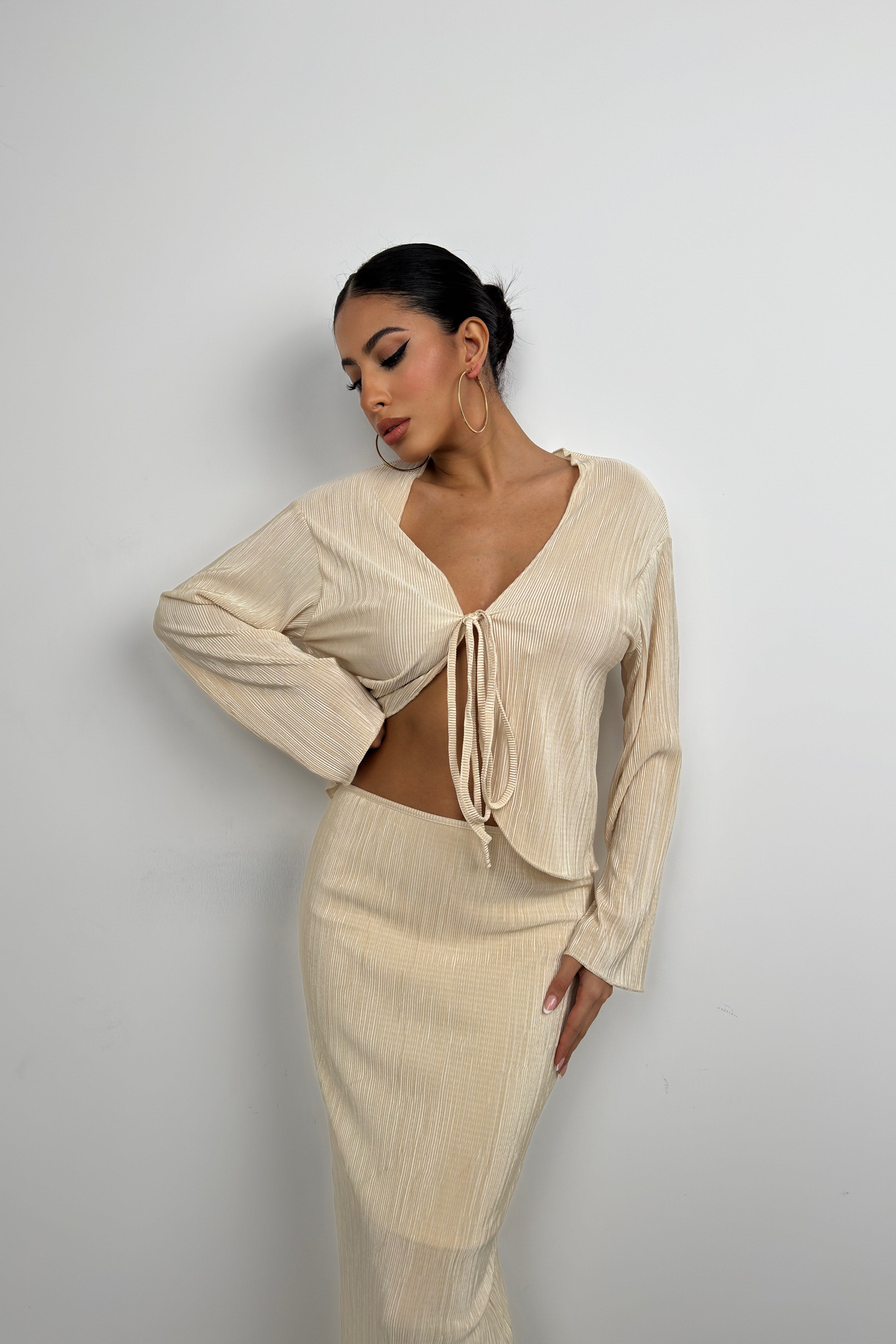 Tie Detail Textured Beige Blouse