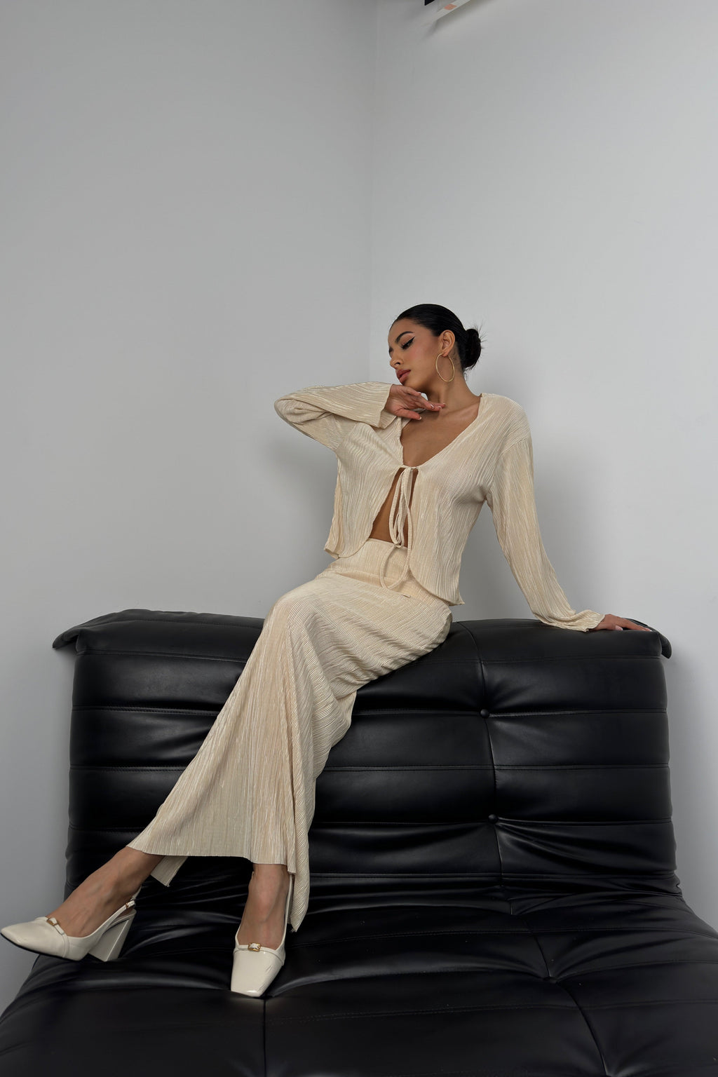 Tie Detail Textured Beige Blouse