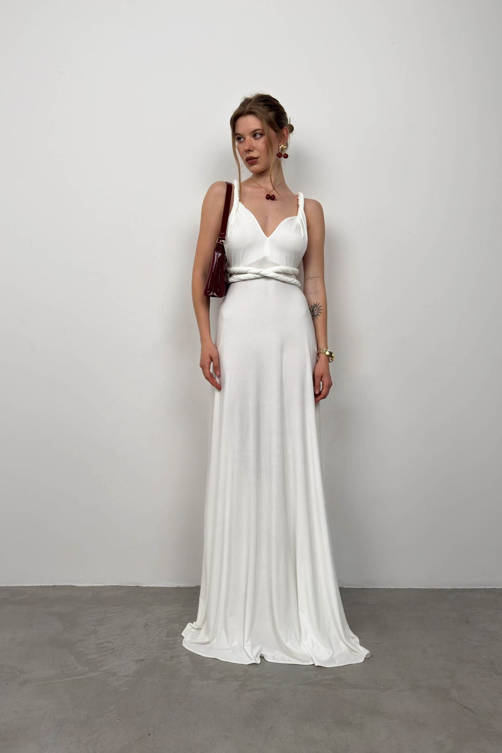 Tie Detay Ecru Maxi Dress