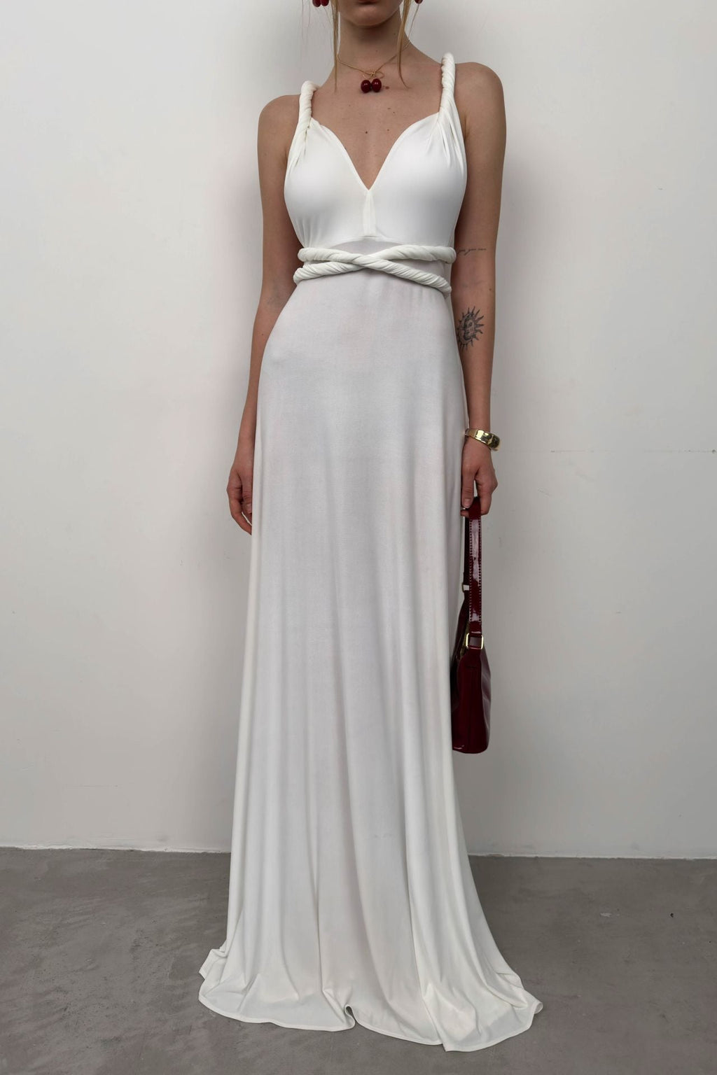 Tie Detay Ecru Maxi Dress
