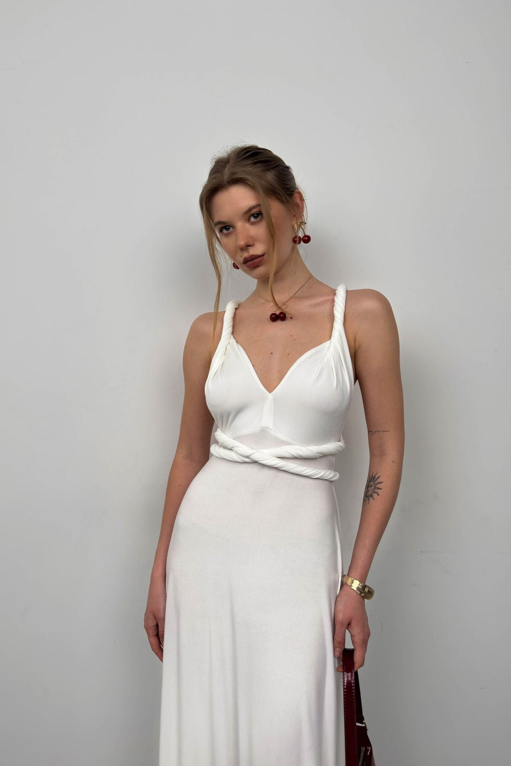 Tie Detay Ecru Maxi Dress