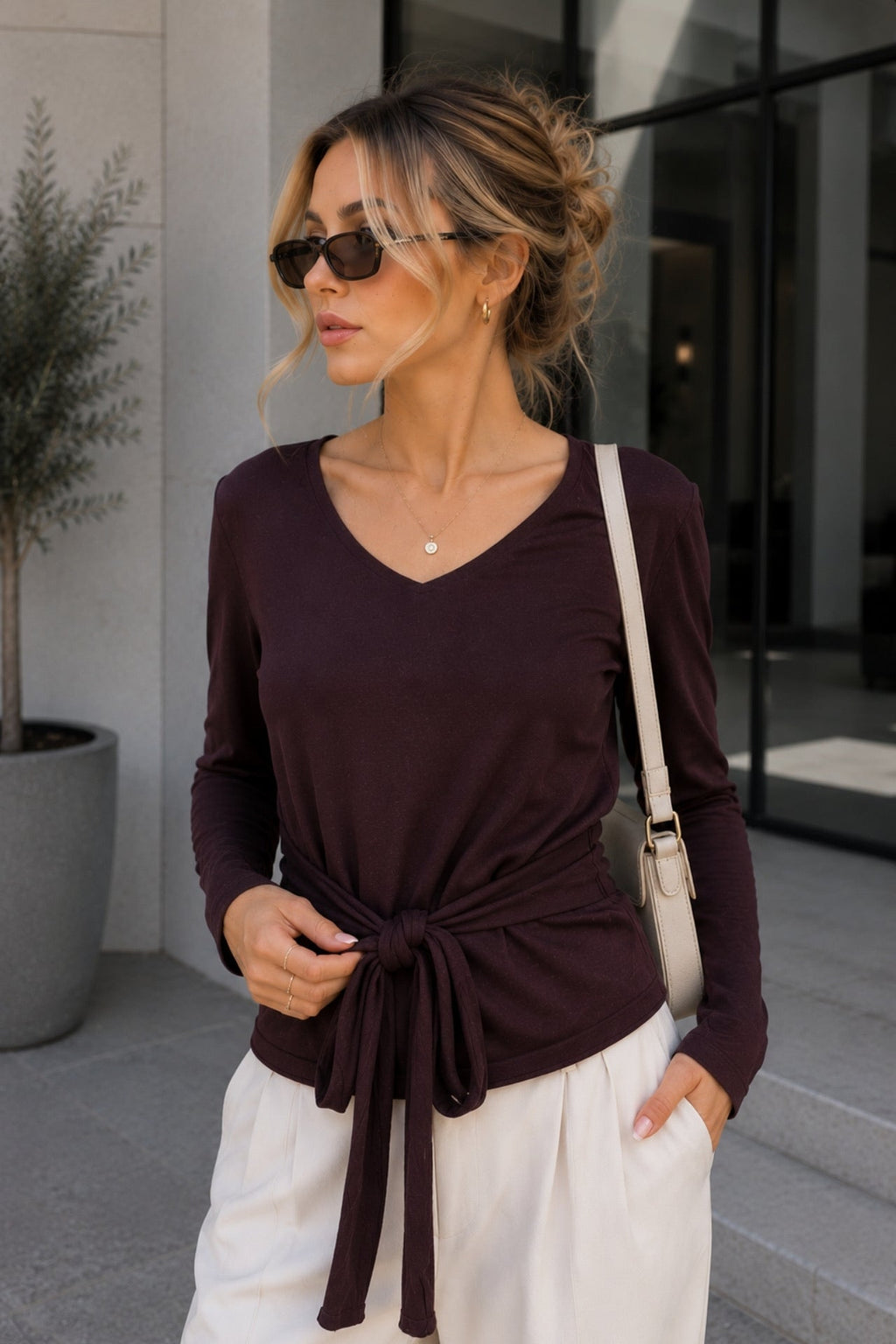 Tie Detail Thin Brown Knitwear Blouse