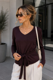 Fine Knit Blouse with Tie Detail in Brown