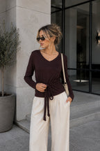 Tie Detail Thin Brown Knitwear Blouse