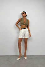 Tie Detay Khaki Linen Vest
