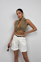 Tie Detay Khaki Linen Vest