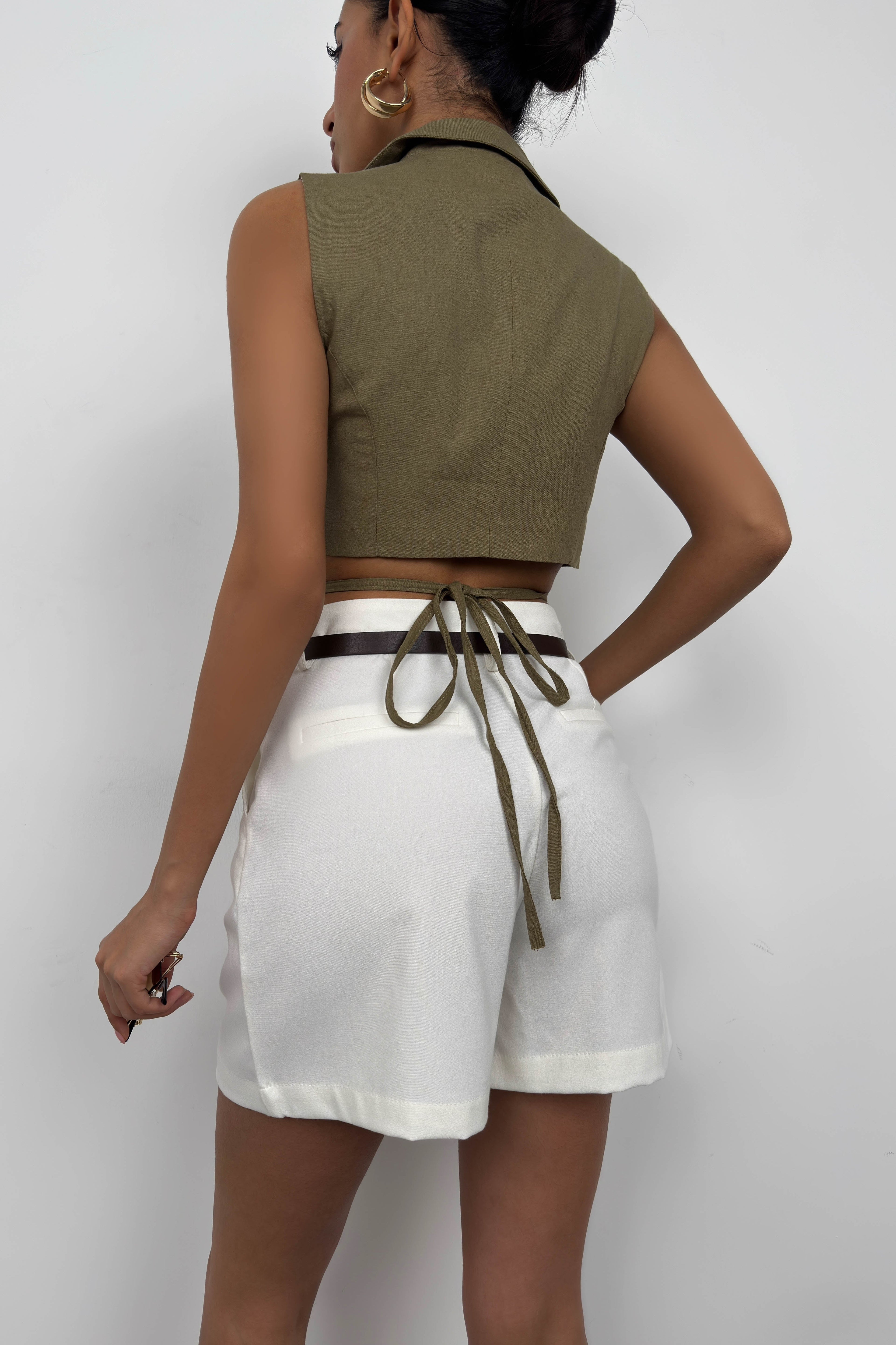 Tie Detay Khaki Linen Vest