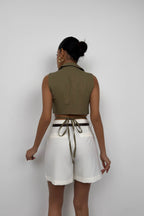 Tie Detay Khaki Linen Vest