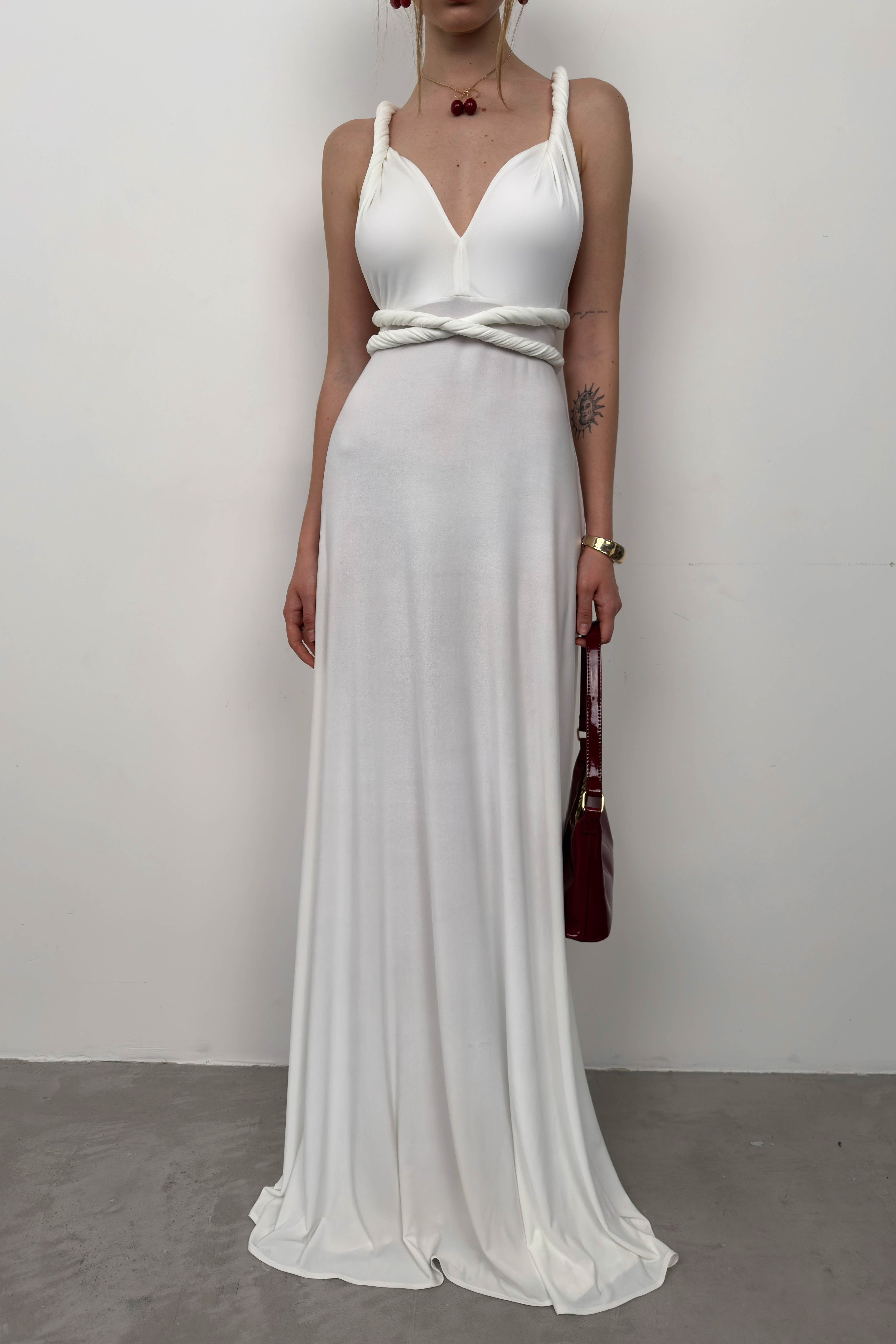 Tie Detay Ecru Maxi Dress