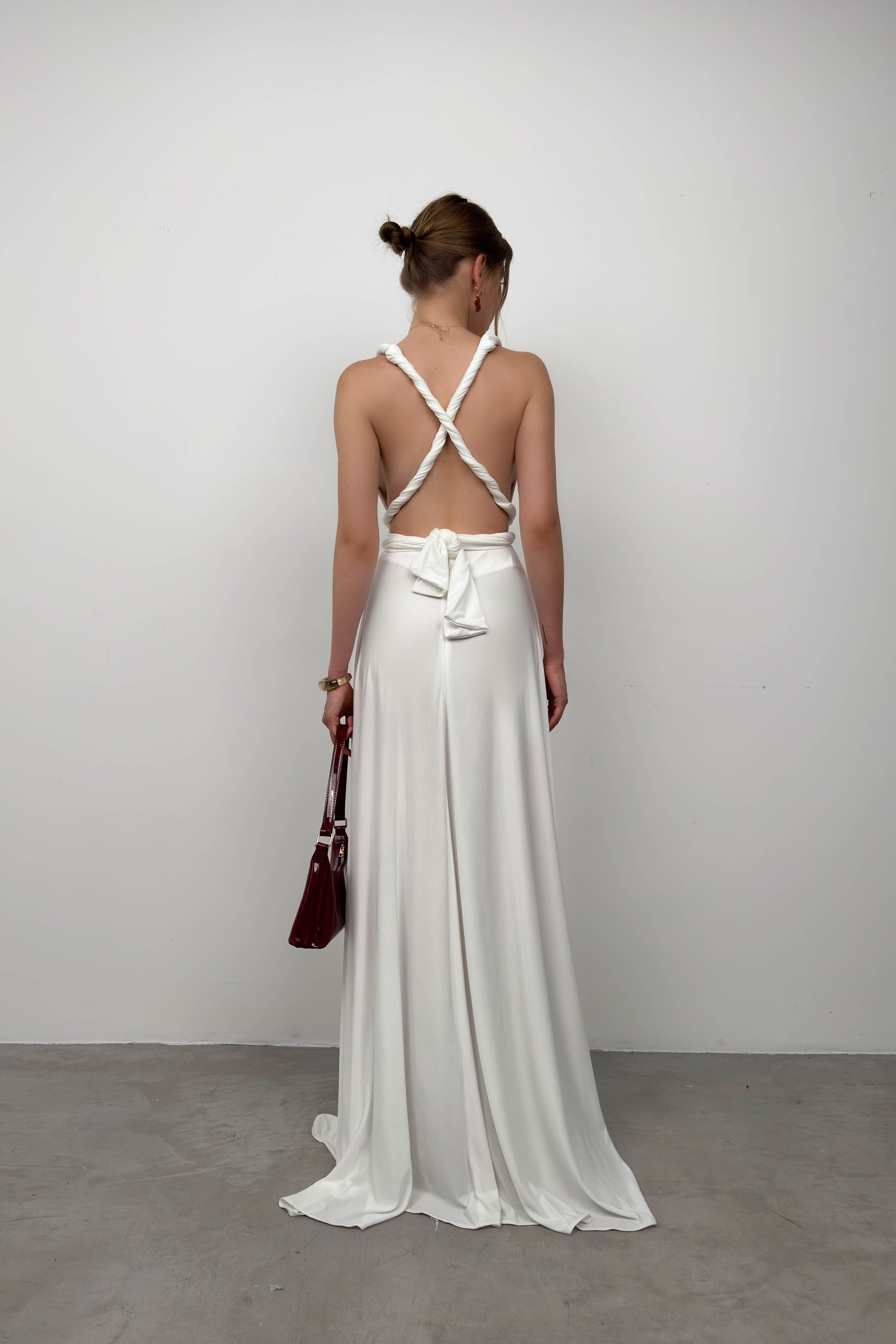 Tie Detay Ecru Maxi Dress