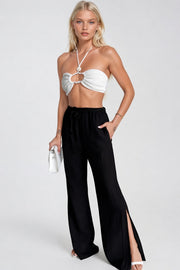 Black Pants with Slit Hem and Tie Detail