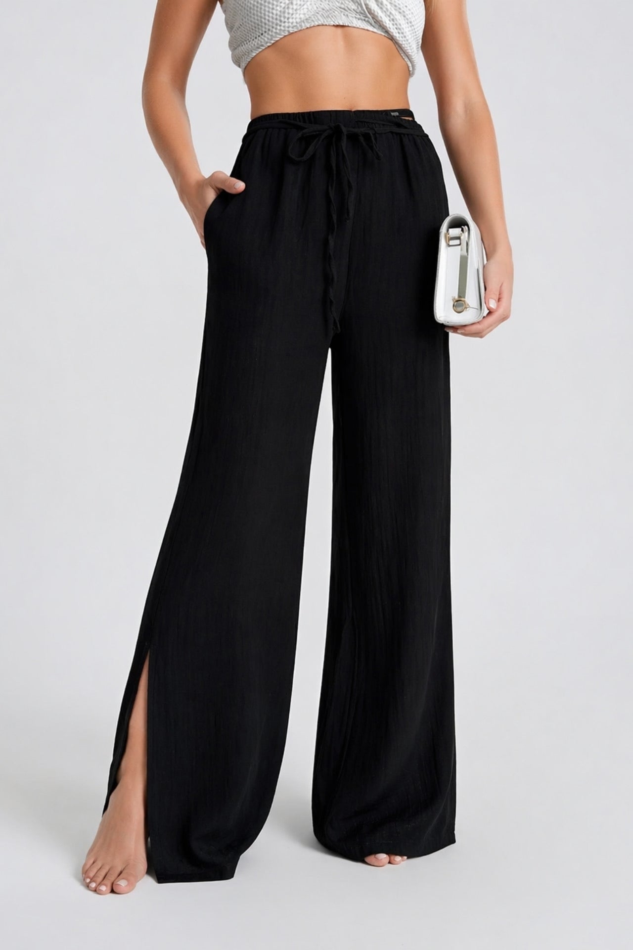 Tie Detail Paça Slit Black Pants