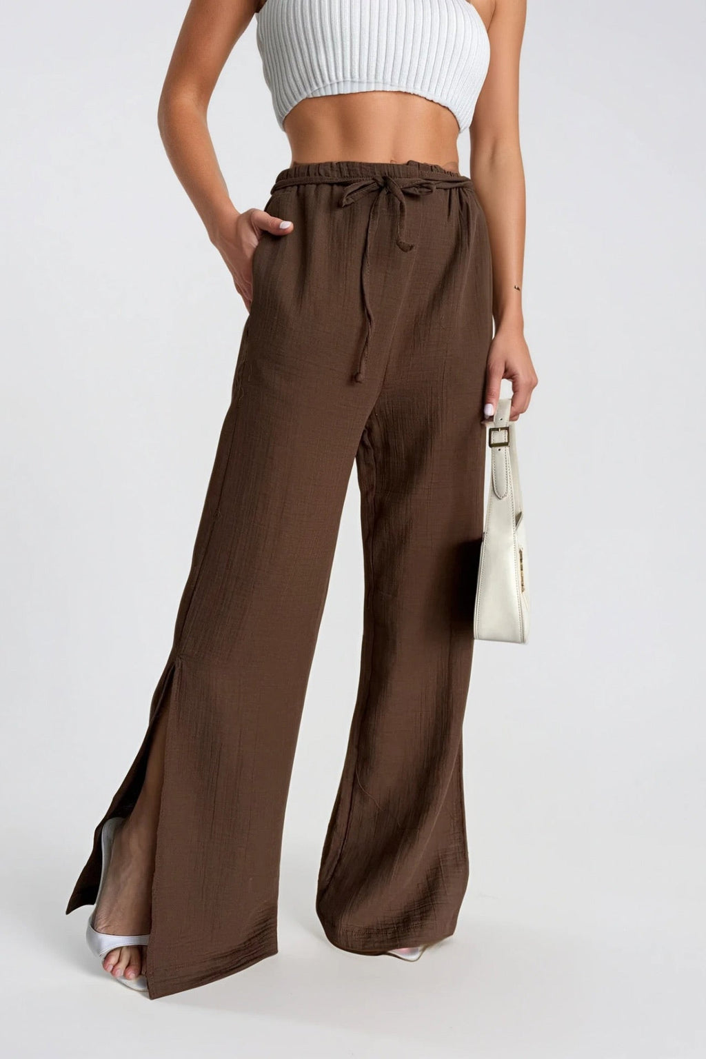 Tie Detail Paça Slit Brown Pants