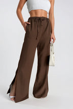 Tie Detail Paça Slit Brown Pants
