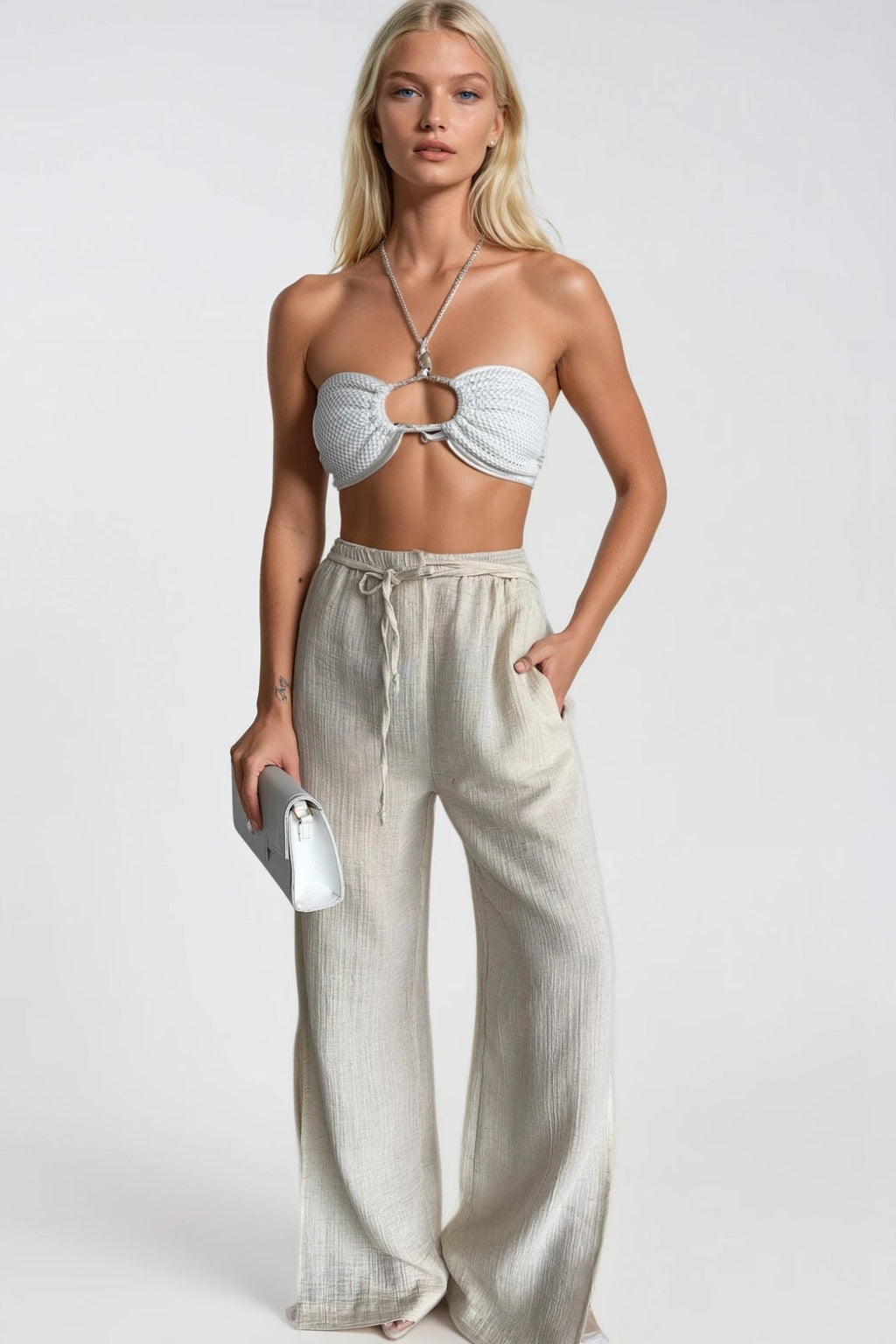 Tie Detail Paça Slit Ecru Pants