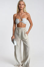 Tie Detail Paça Slit Ecru Pants