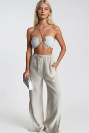 Ecru Pants with Tie Detail Slits