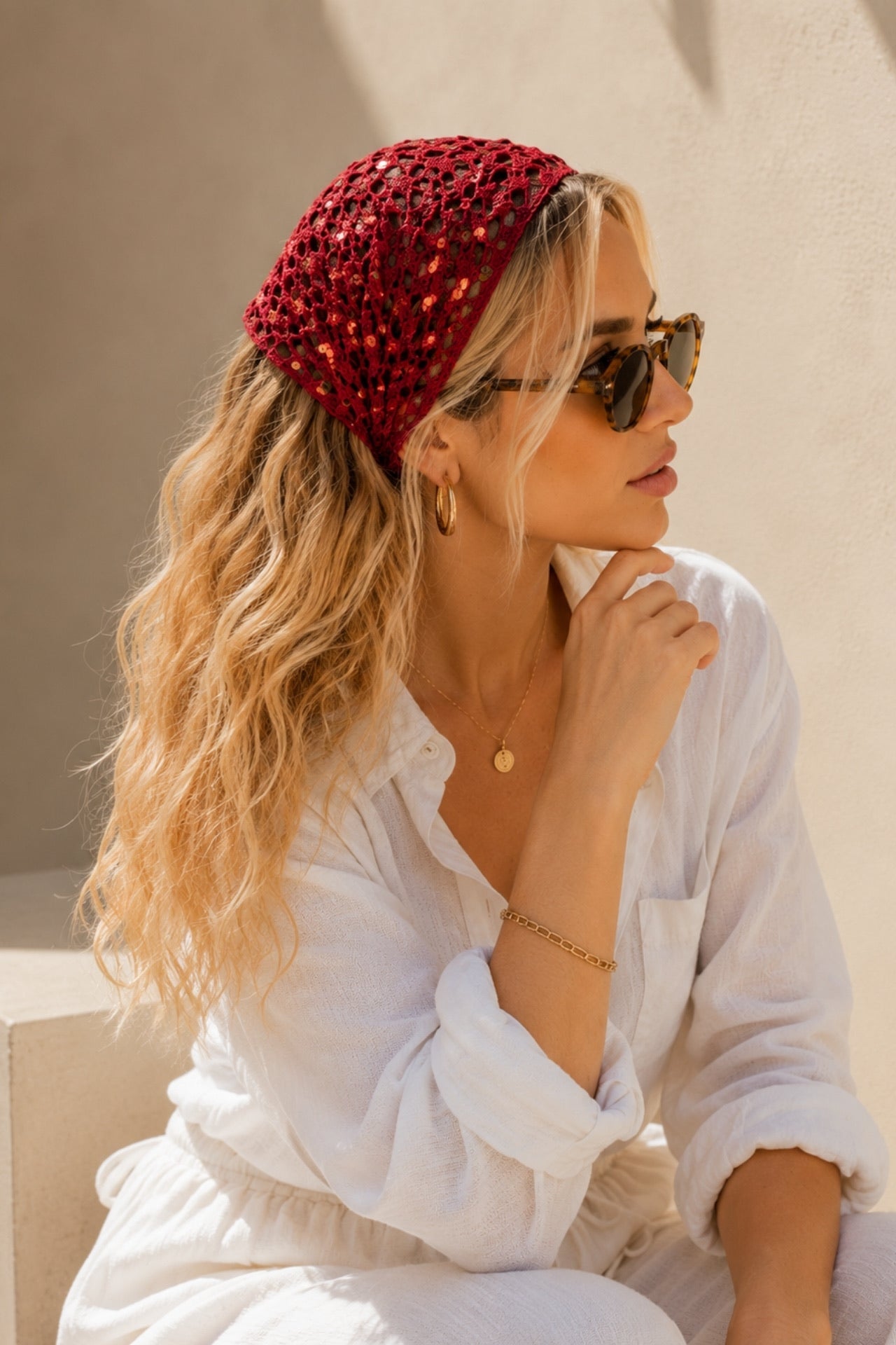 Tie Detail Sequined Knit Red Headband