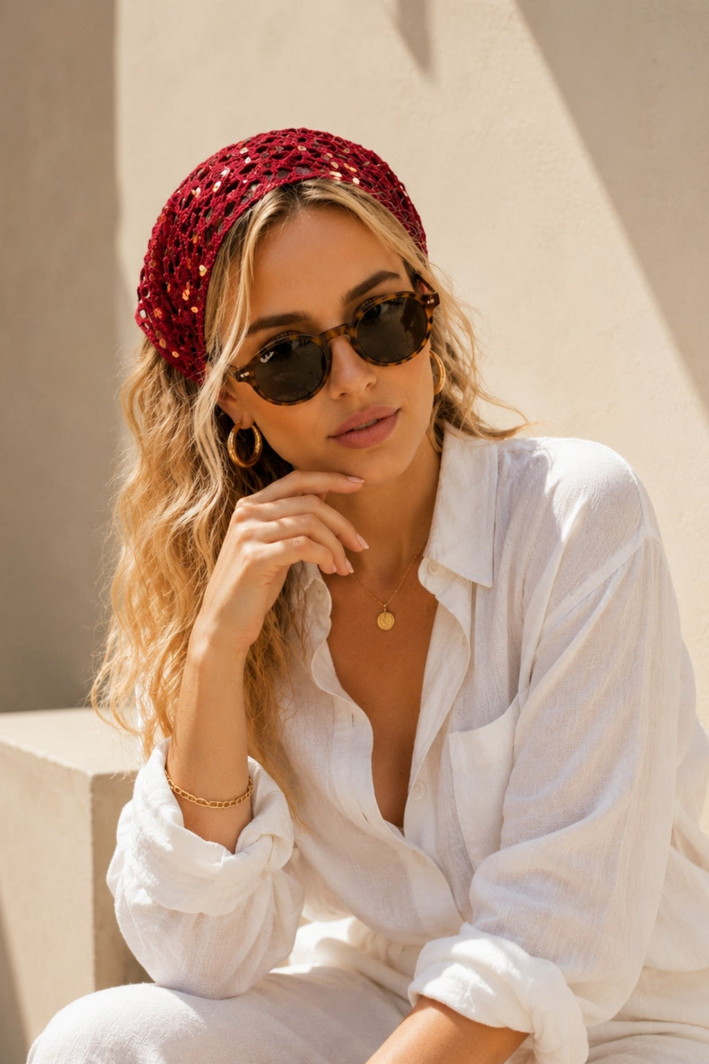 Tie Detail Sequined Knit Red Headband
